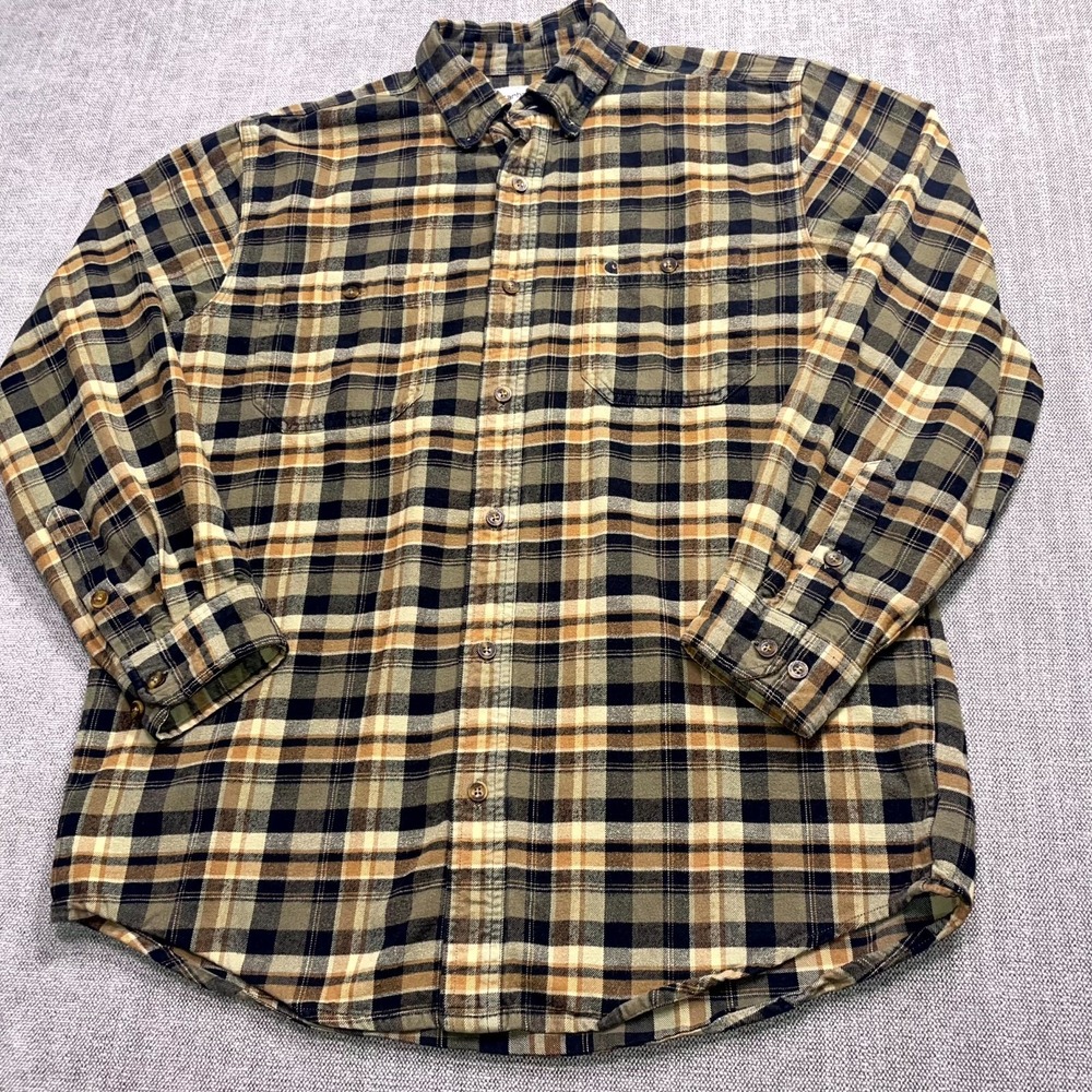 Carhartt Flannel Shirt Mens Large Brown Green Plaid Long Sleeve Button Down